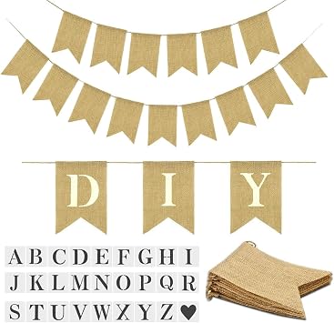 15PCS Burlap Baner PreStringed, DIY Custom Banner Kit, Customizable Personalized Banner, with Letters A to Z Stencil, Birthday Wedding Party Decor