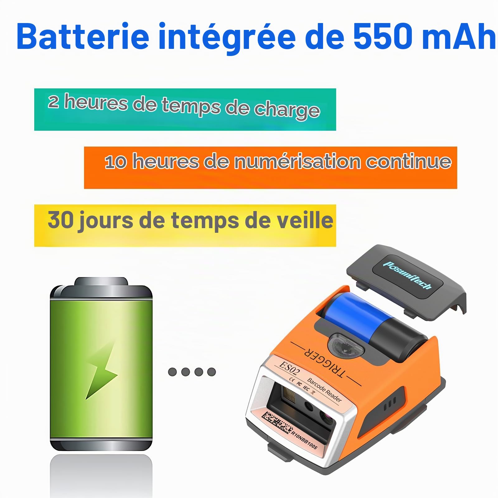 ES02 Scanner de codes-barres gants, sans fil Bluetooth 2D Scanner portable, indice de protection IP65, adapté pour l'entrepôt, la fabrication, le transport, le prélèvement et d'autres