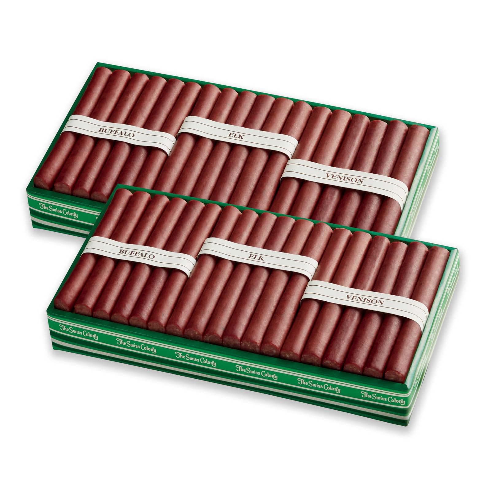 2 Holiday Gift Boxes - The Swiss Colony Wild Game Meat Sticks Gift Box - Includes Exotic Meats: Buffalo, Elk, and Venison Blended with Pork and Beef, Package for Men