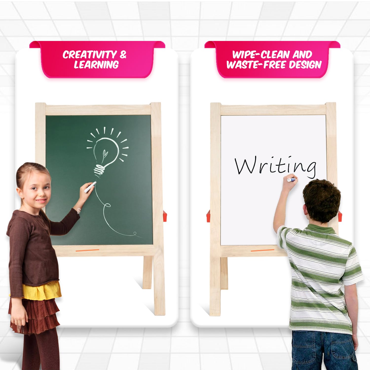 Clapjoy Abhyasam Wooden Double-Sided Easel Board for Kids β 9x12 inch Whiteboard & Black Board with Chalks, Duster & Markers | Fun Learning & Creativity 3