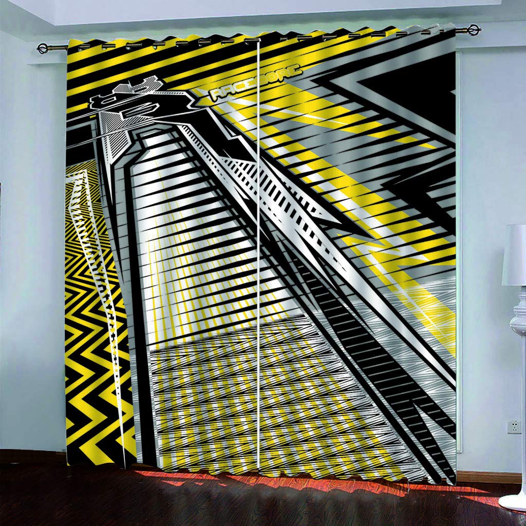 Cortinas Opacas Termicas Aislantes Frio Y Calor 280X260Cm（An X Al）Con Ojales 3D Edificio Geométrico Negro Y Amarillo Patrón Decoración Ventanas Para Habitacion Dormotorio Salon Modernas 2 Piezas