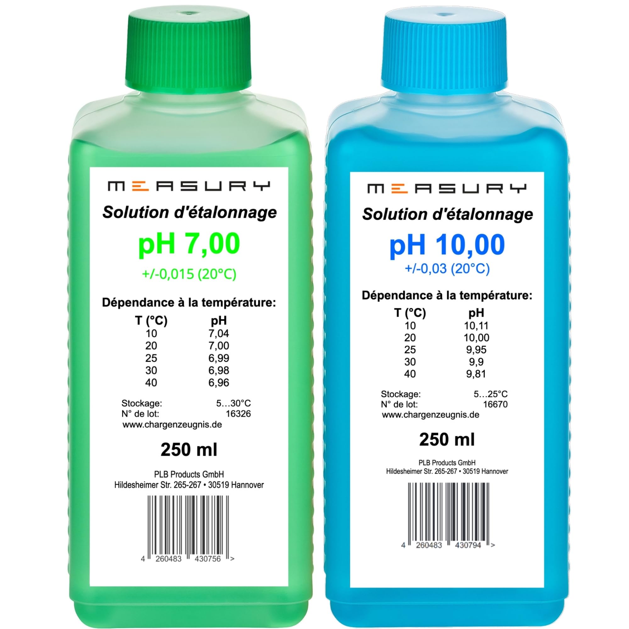 Measury Solution d'étalonnage pH 7.00 et 10.00 - fabriquée en Allemagne, solution tampon pH 250 ml chacune, solution d'étalonnage vert/bleu, ensemble de liquide d'étalonnage