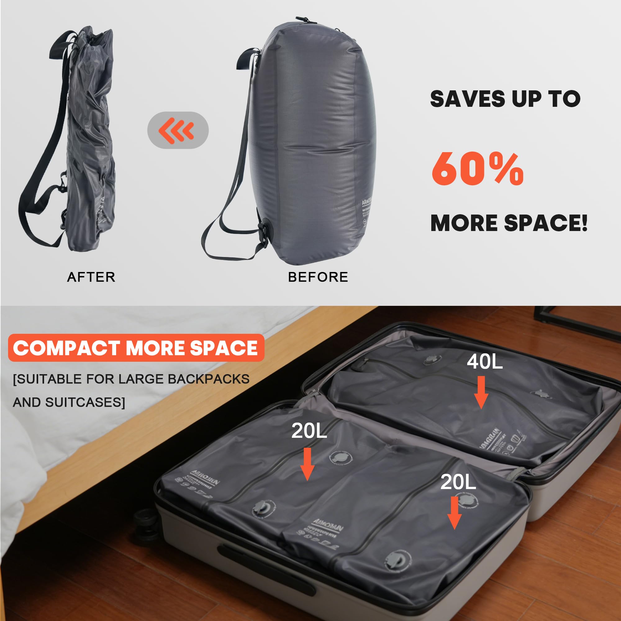 Sacchetti Sottovuoto da Viaggio, Zaino, impermeabili IPX7 Riutilizzabili a Compressione per Viaggi, zaini e Valigie, Conservazione Domestica Sacchetti ermetici per indumenti (40L)