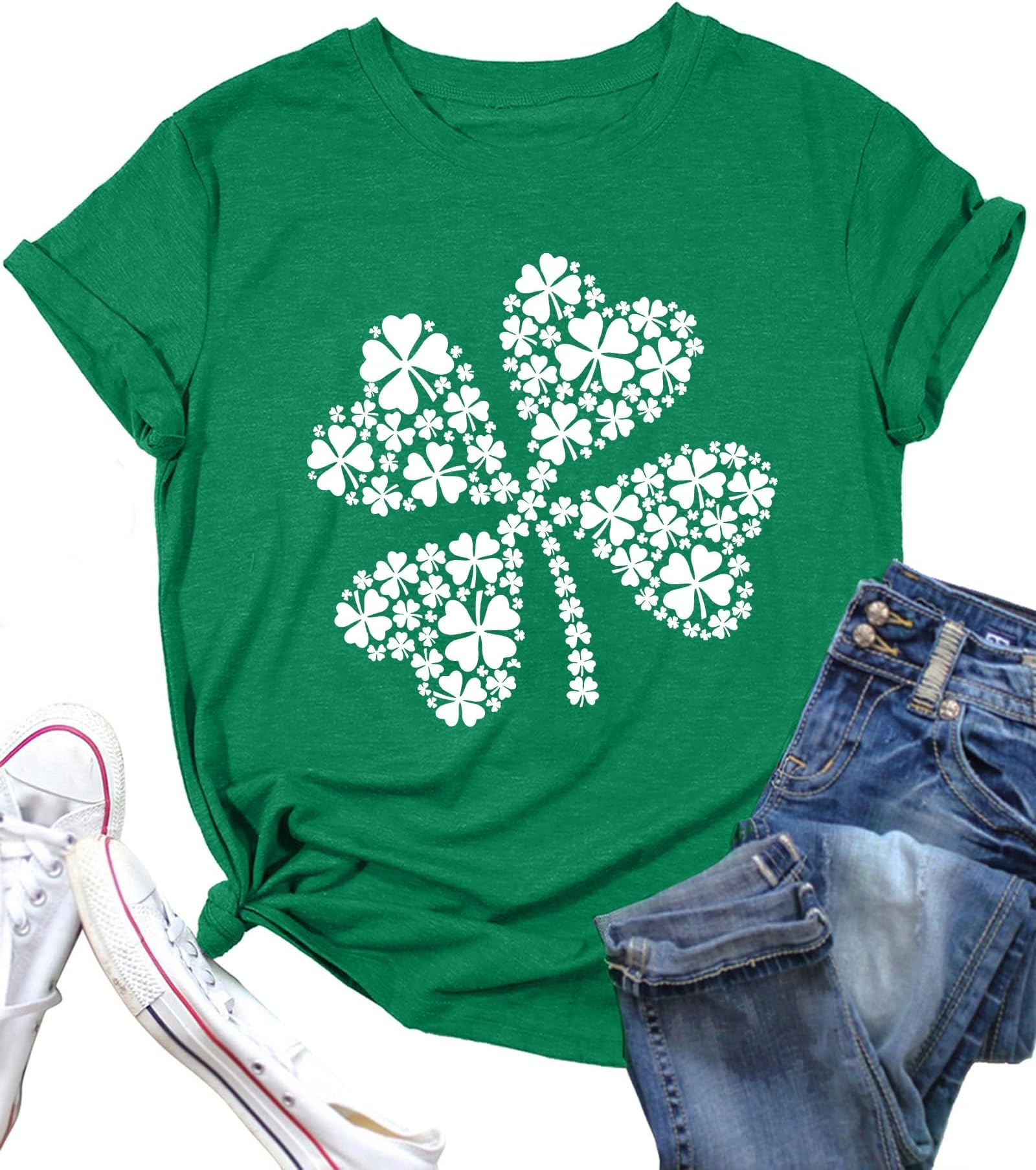 St Patricks Day Shirts for Women Funny Clover Graphic Tshirt Lucky Irish Short Sleeve Tee Tops