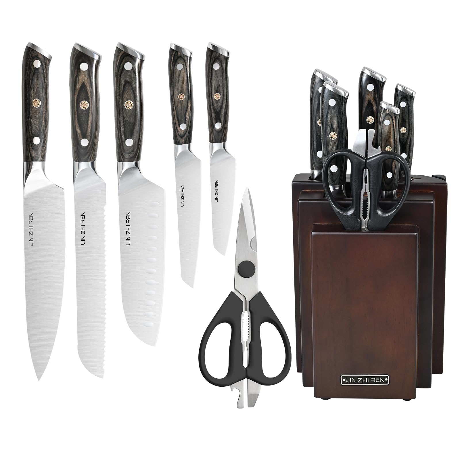 Messerblock Set 8 Teilig mit Messerschärfer, Edelstahl Küchenmesser Set mit Holz Messerblock, Kochmesser 20 cm, Brotmesser, Santokumesser, Universalmesser, Schälmesser, Küchenschere