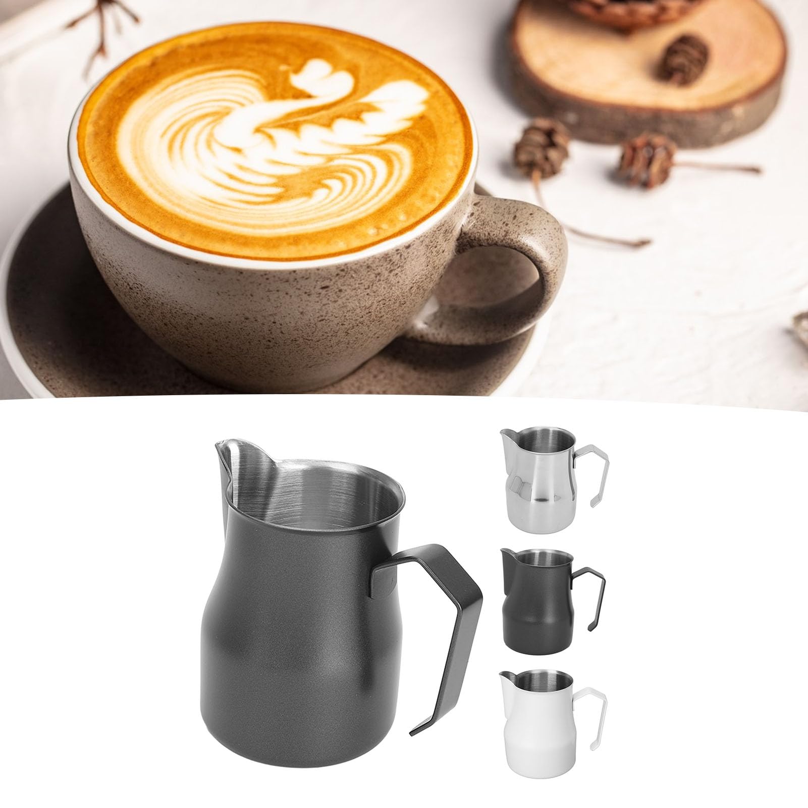 Brocca per la schiuma del latte, 350 ml, in acciaio inox, brocca a vapore, caffè al latte, cappuccino, latte art barista, barattolo per latte con penna decorativa