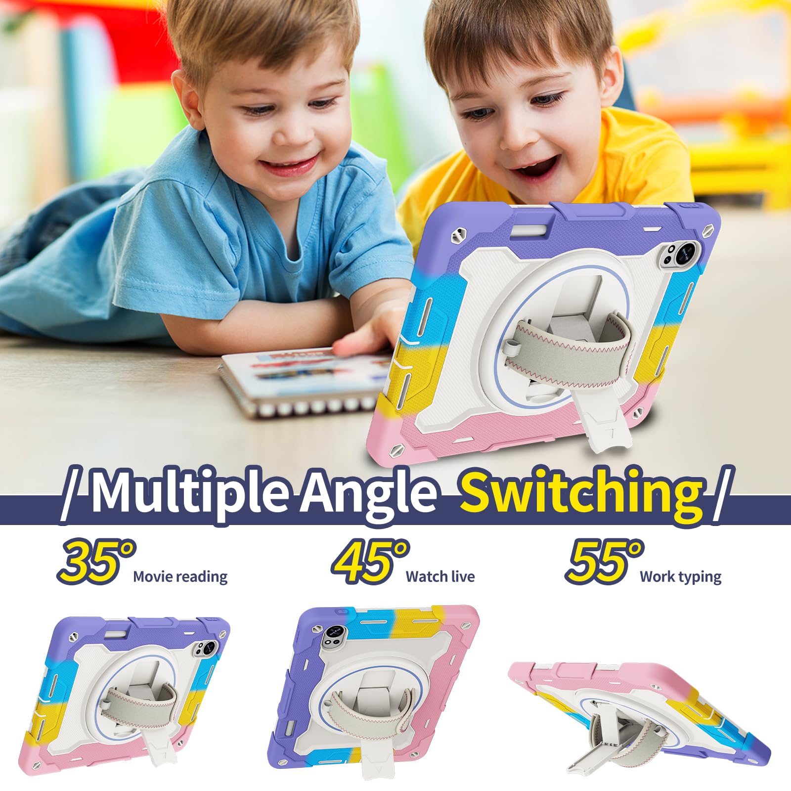 Custodia per tablet Huawei MatePad Air 12" 2024, custodia antiurto in silicone resistente per bambini, con portapenne, tracolla, supporto pieghevole girevole, cinturino da polso