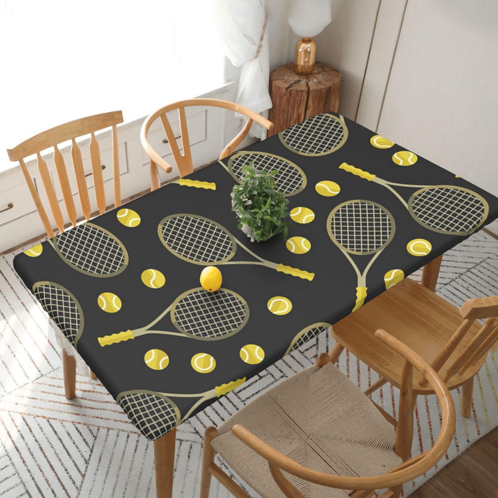 BNVSADC Funny Tennis Racquets and Tennis Balls Printed 5FT Tablecloth Polyester Kitchen Water Resistant Table Cloth Dining Table Decoration Table Covers, 152x76 CM