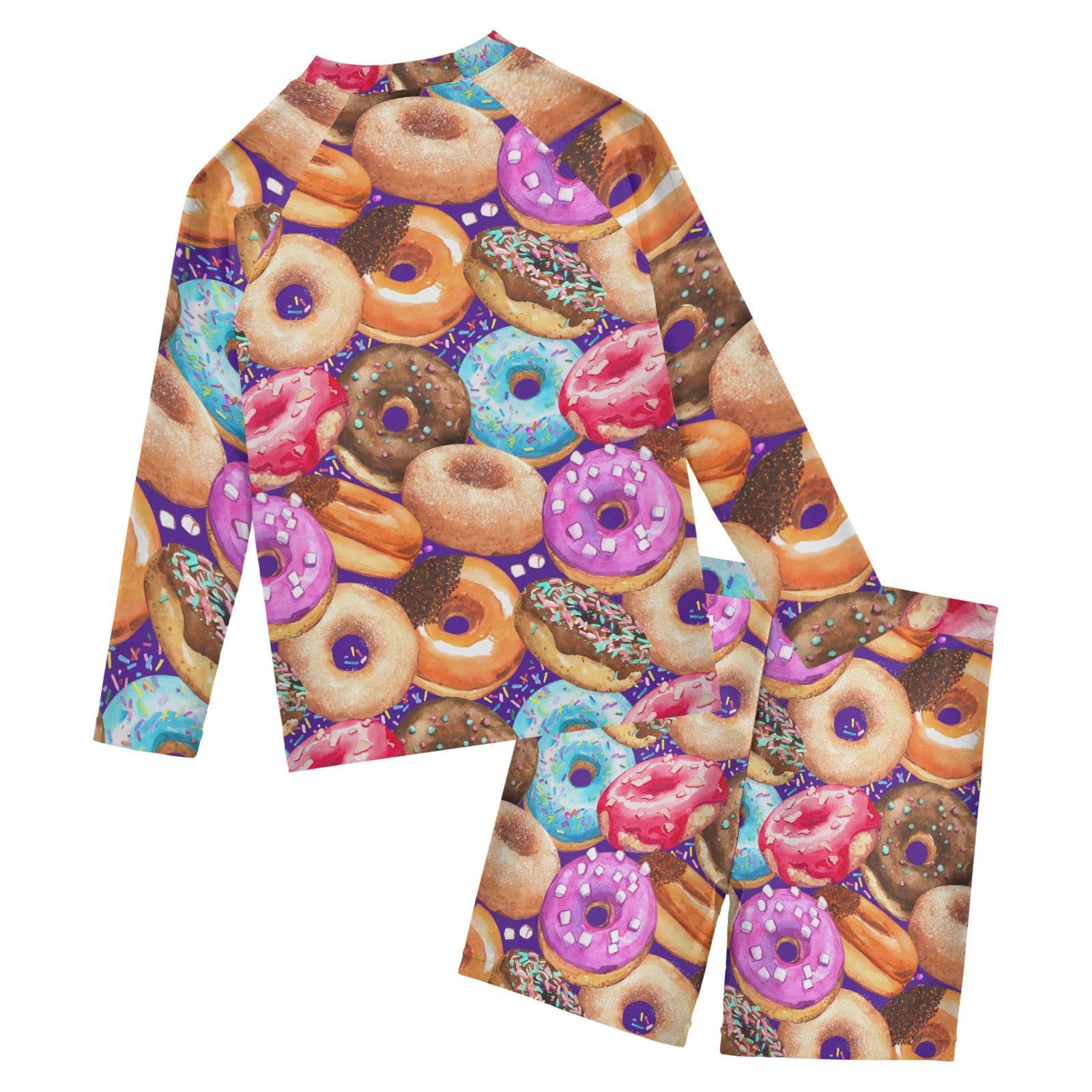 Aflyko Kids' Bathing Suit Set Donut Snack Yummy Long Sleeve Swim Tops with Shorts Summer Vacation Pool Party Rashguard Fun Cute Infant Beachwear, 4T Multicoloured