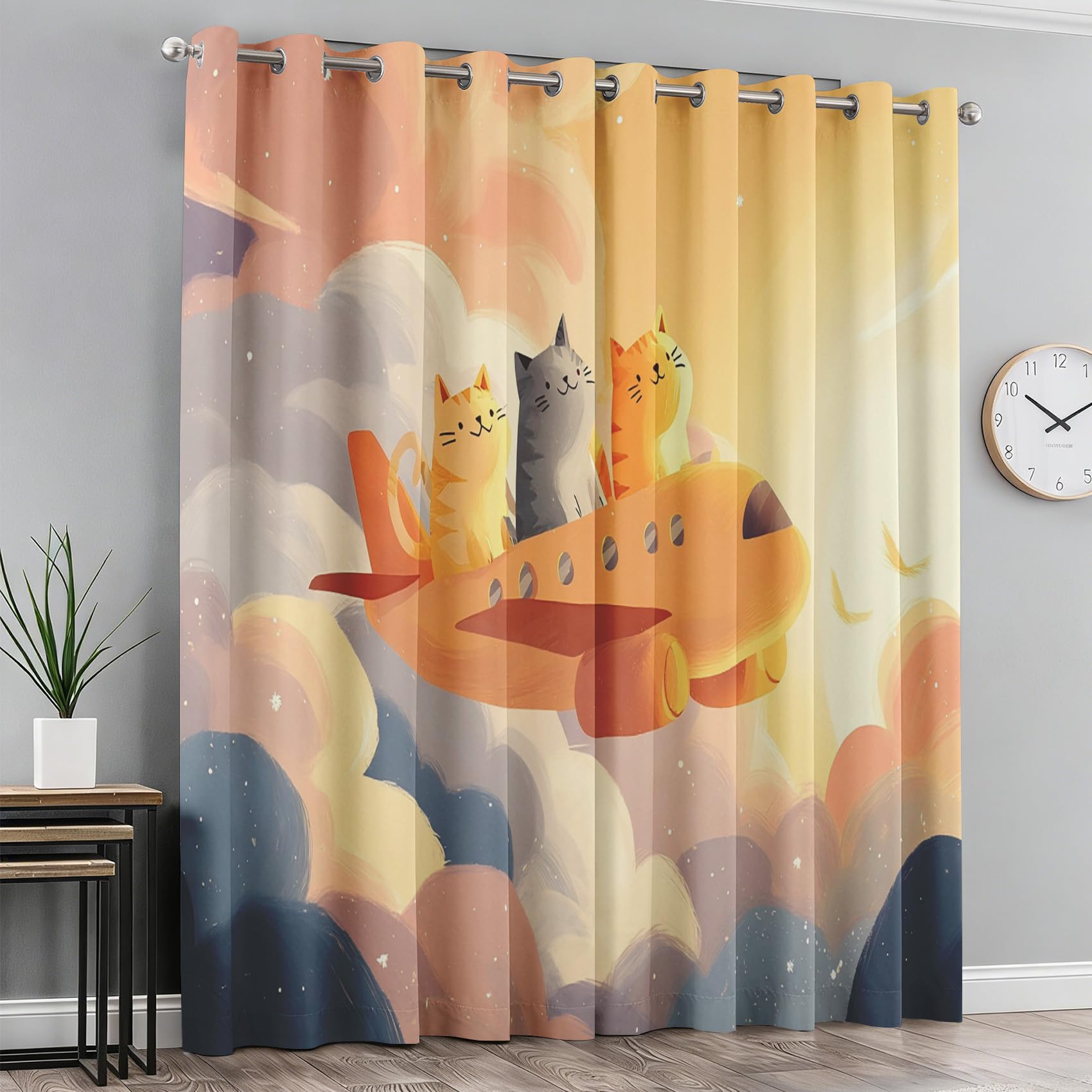 Cute Cat Curtains 54 Drop 2 Panels Set, Cartoon Airplane Blackout Curtains for Bedroom Living Room, Thermal Eyelet Window Drapes, Home Decor W46 X L54 Inch X&-136