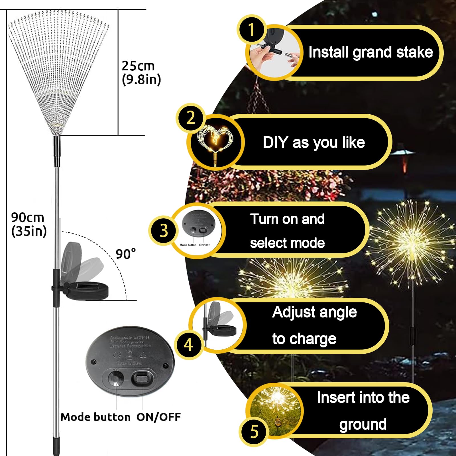 Hqynss Solar Firework Garden Lights 2 Pack, 120 LED Warm White Starburst Lights, 8 Modes - Image 4