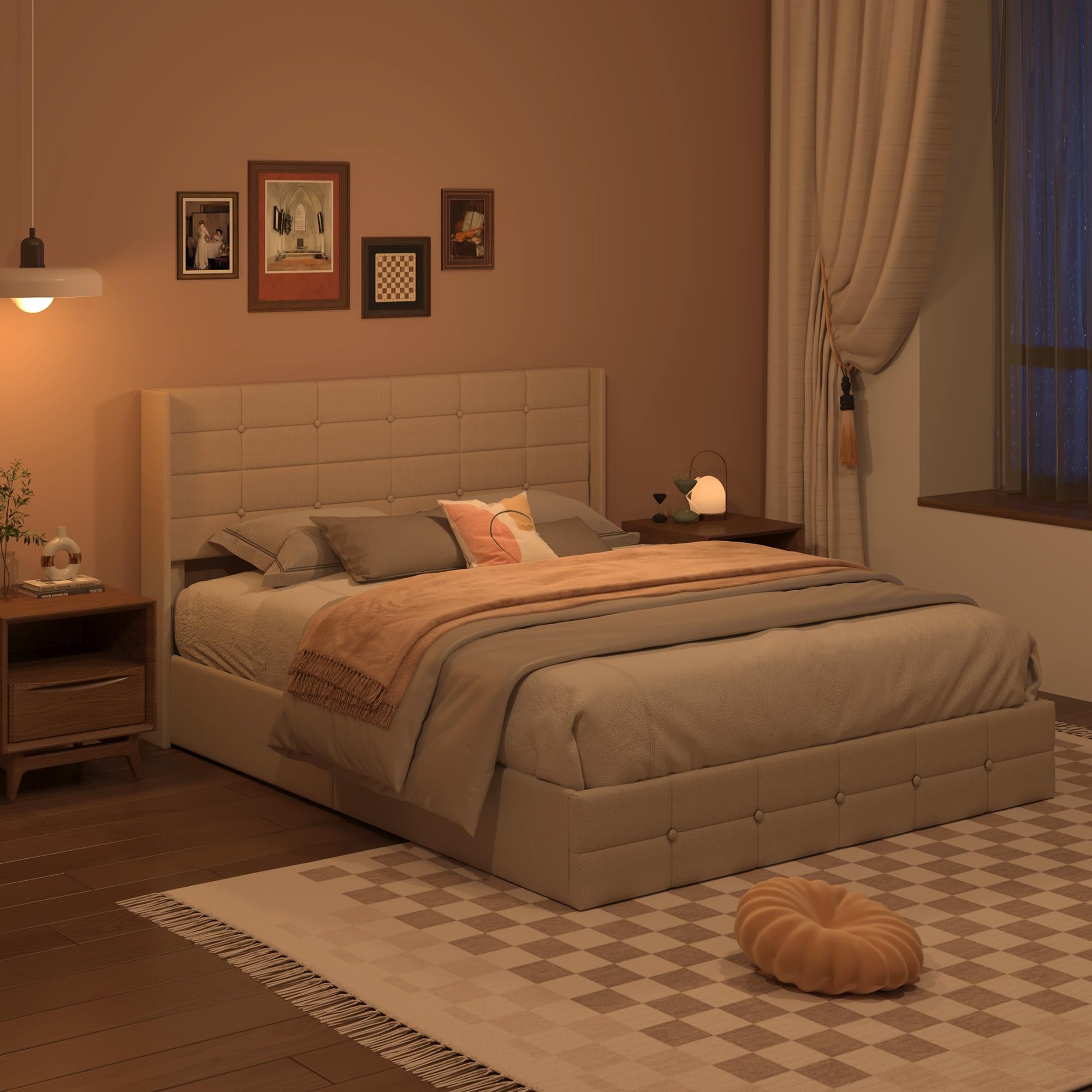 Lit Coffre 160x200 cm, lit Hydraulique avec Étagères Ouvertes et Rangement Caché en Tête de Lit Capitonné, Cadre de Lit, Sommier à Lattes, sans Matelas, (Beige, 160x200cm)