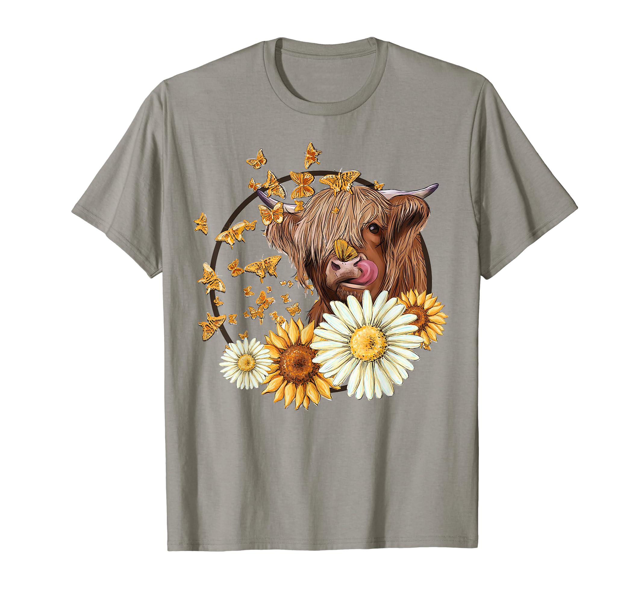 Highland Cow With Sunflower Daisies ButterfliesFarm Western T-ShirtOEKO-TEX STANDARD 100