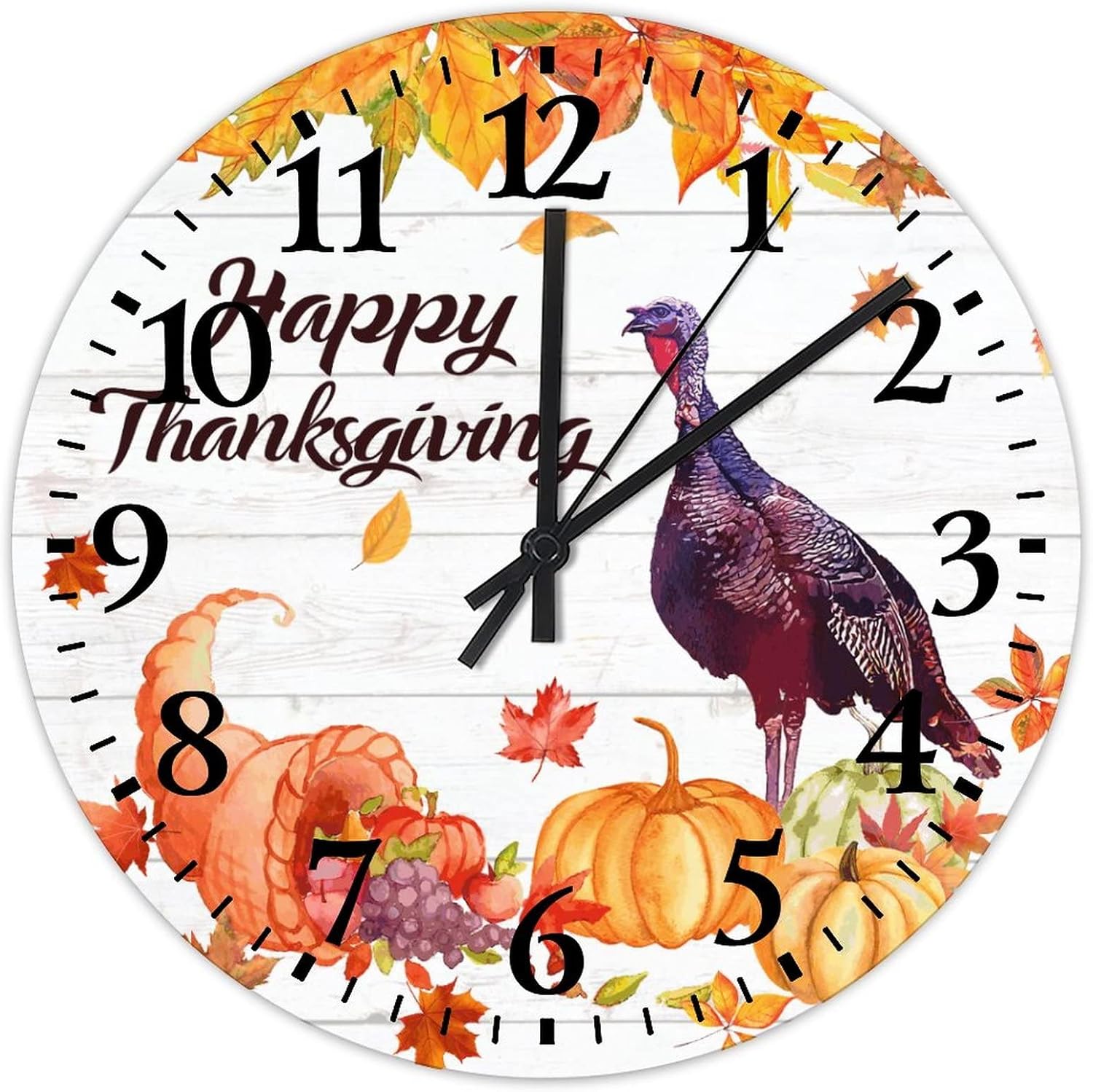 Happy Thanksgiving Day Funny Turkey with Pumpkins Maple Leaves Clocks 15 Inch, Autumn Thanksgiving Day Living Room Clock Battery-Powered with Quartz Movement Round Clock Office Kitchen School