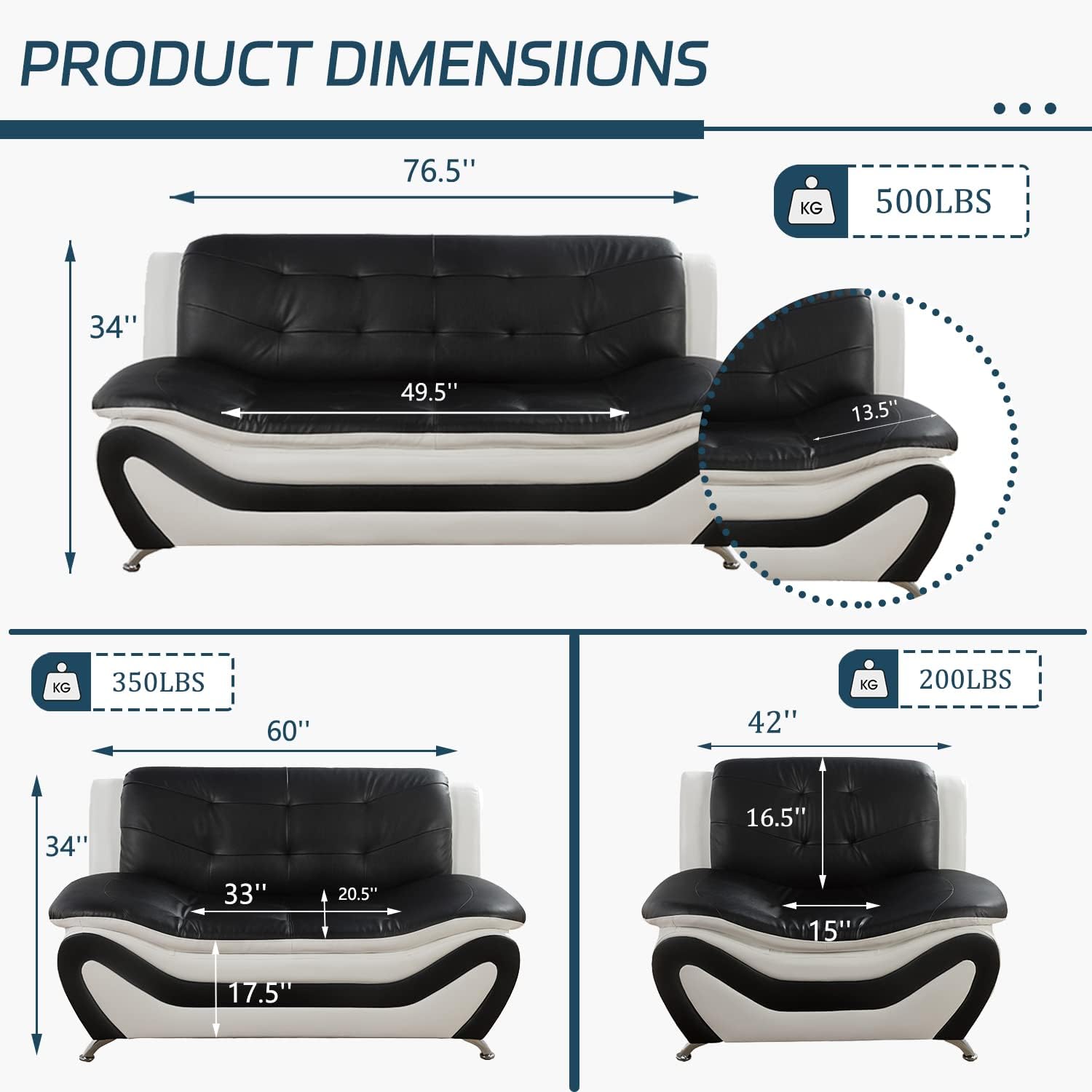 Faux Leather Sofa Set for Living Room, 3 Piece Living Room Furnituer, Modern Couch Set with 3-Seater Couch, Loveseat and Armchair (White&Black, Chair+Sofa+Loveseat)