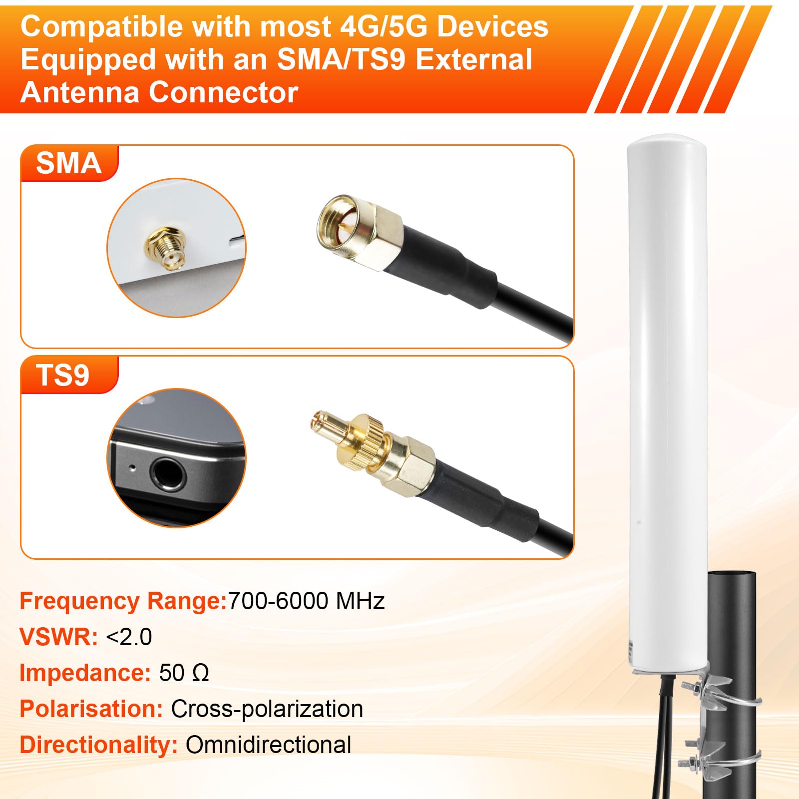 4,5dBi 700-6000MHz Antenna 4G 5G per Esterni 2X2 MimoAntenna LTE 5G NR Cellulare Antenna Esterna Connettore per SMA con TS9/2 × 5M Cavo Coassiale a Bassa Perdita
