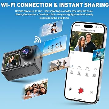 Action Cam 5K/4K, 50MP 30M/98FT Waterproof Underwater Camera with 64GB SD Card, IS, WiFi, 170° Ultra Wide Angle Action Camera - Ideal for Bike, Snorkelling, Motorcycle, Helmet Camera