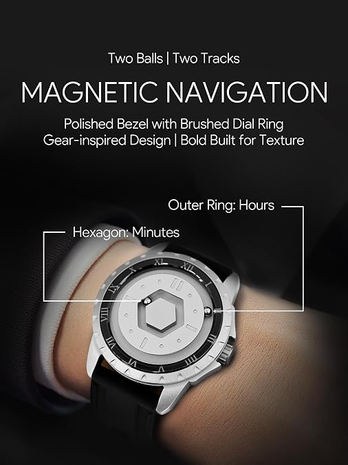 EUTOUR Magnetic Watches for Men, Unique No Hand Design with Gliding Magnet Balls Analog Display, 42mm Roman Numerals Dial with 22mm Steel Strap, 5ATM, Mens Fashion Accessories for Daily Outfit, Black