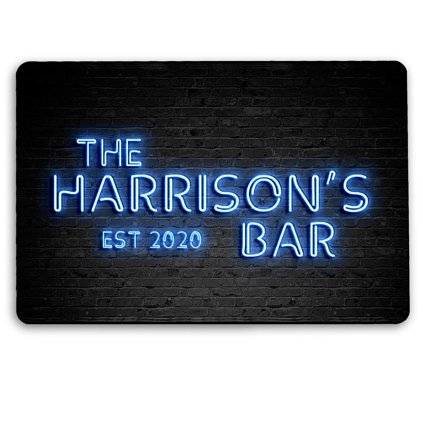 Personalised Bar Sign, Blue neon effect metal A4 Printed pub sign
