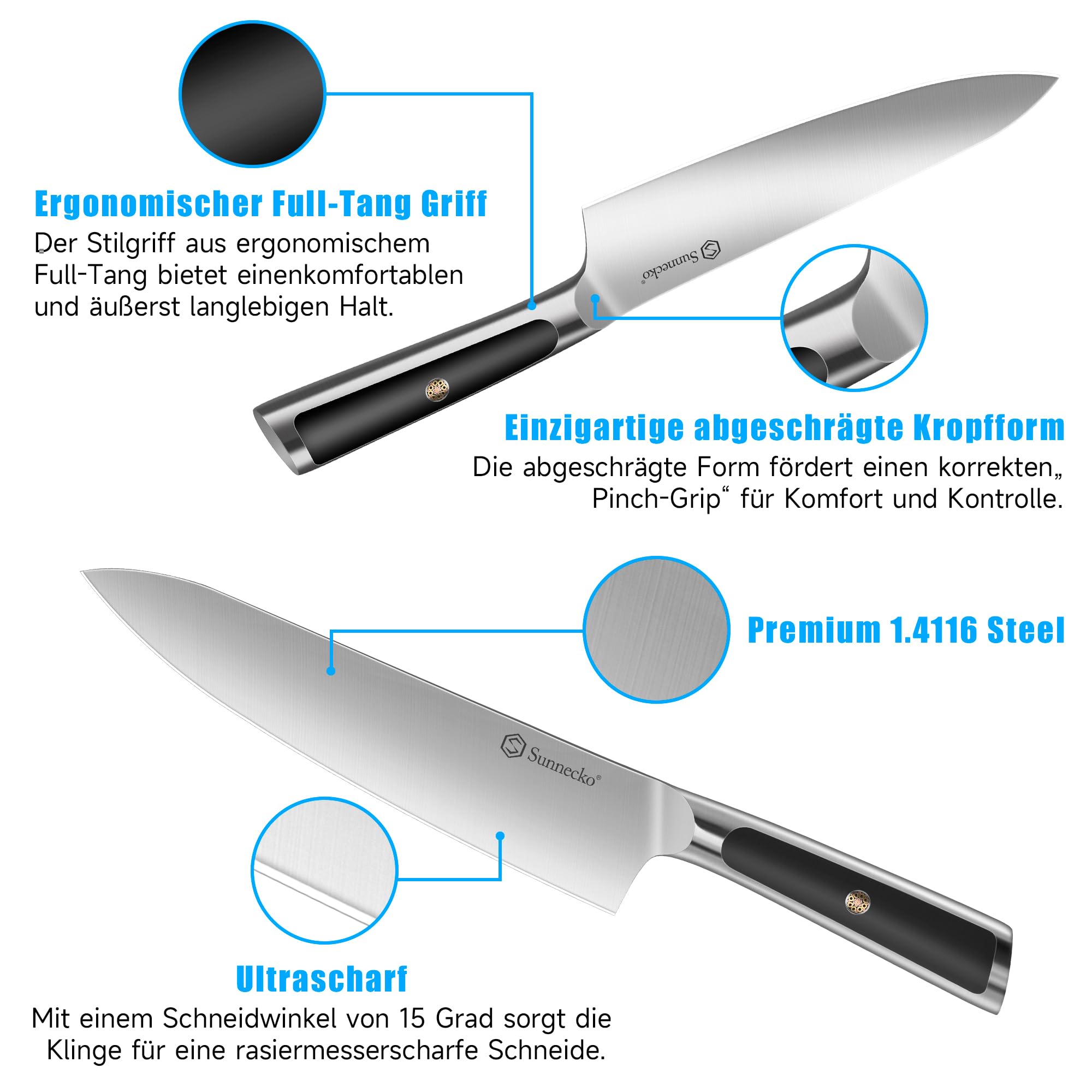Sunnecko Messerblock set 8 teilig Block Messerset | Küchenmesserset mit Kohlenstoffgehalt Edelstahl, für die Küche mit Holzblock - Kochmesser set mit ergonomischem Griff