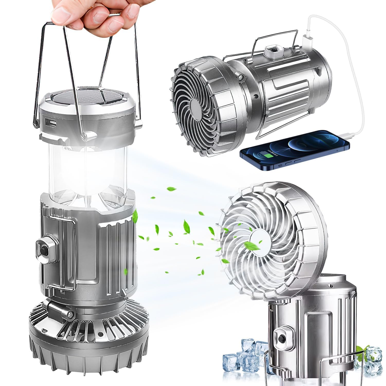 X spring Solar Rechargeable Camping Lantern, Camping Lantern with Fan, Flashlight Lantern Collapsible, USB Rechargeable, Solar Battery Powered Camping Lamp for Picnic, Barbecue, Fishing, Travel