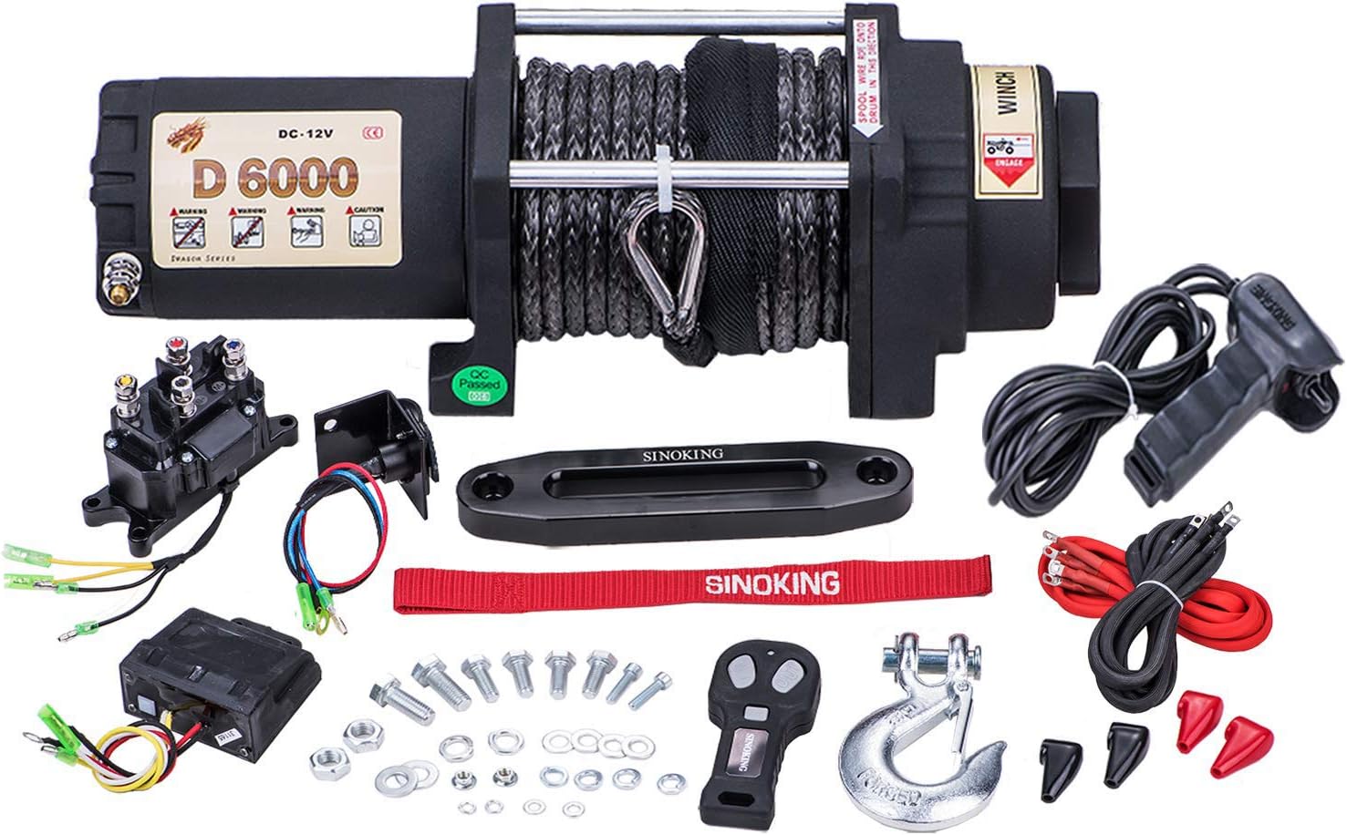 SINOKING 6000lb 12V Winch, UTV&ATV Winch with 1/4"× 49ft Synthetic Rope, Wired and Wireless Remote Control