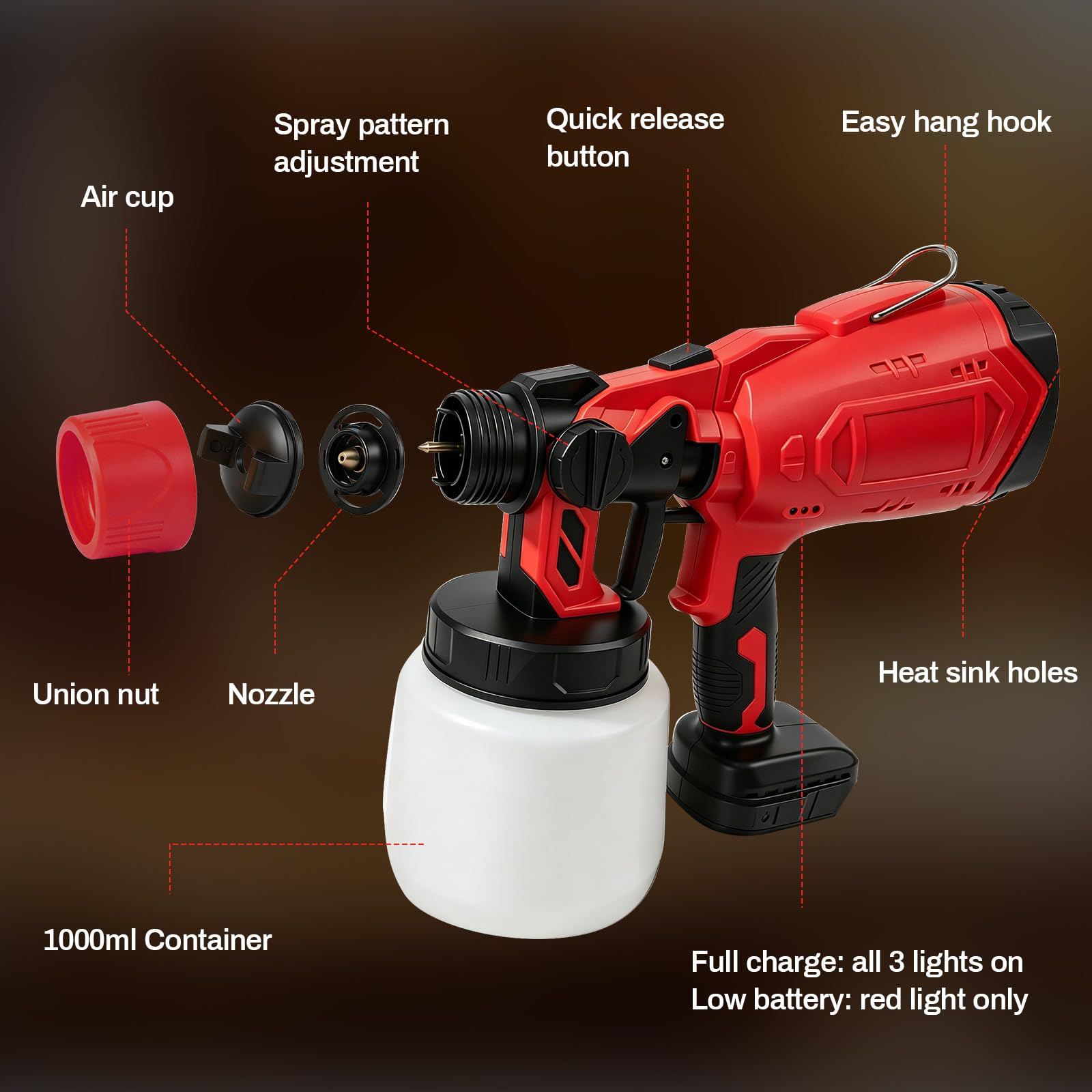 Spruzzatore di vernice senza fili compatibile con Milwaukee 18 V, pistola a spruzzo elettrica HVLP con 4 ugelli in rame e 3 motivi per pareti di recinzione, pittura fai da te della casa
