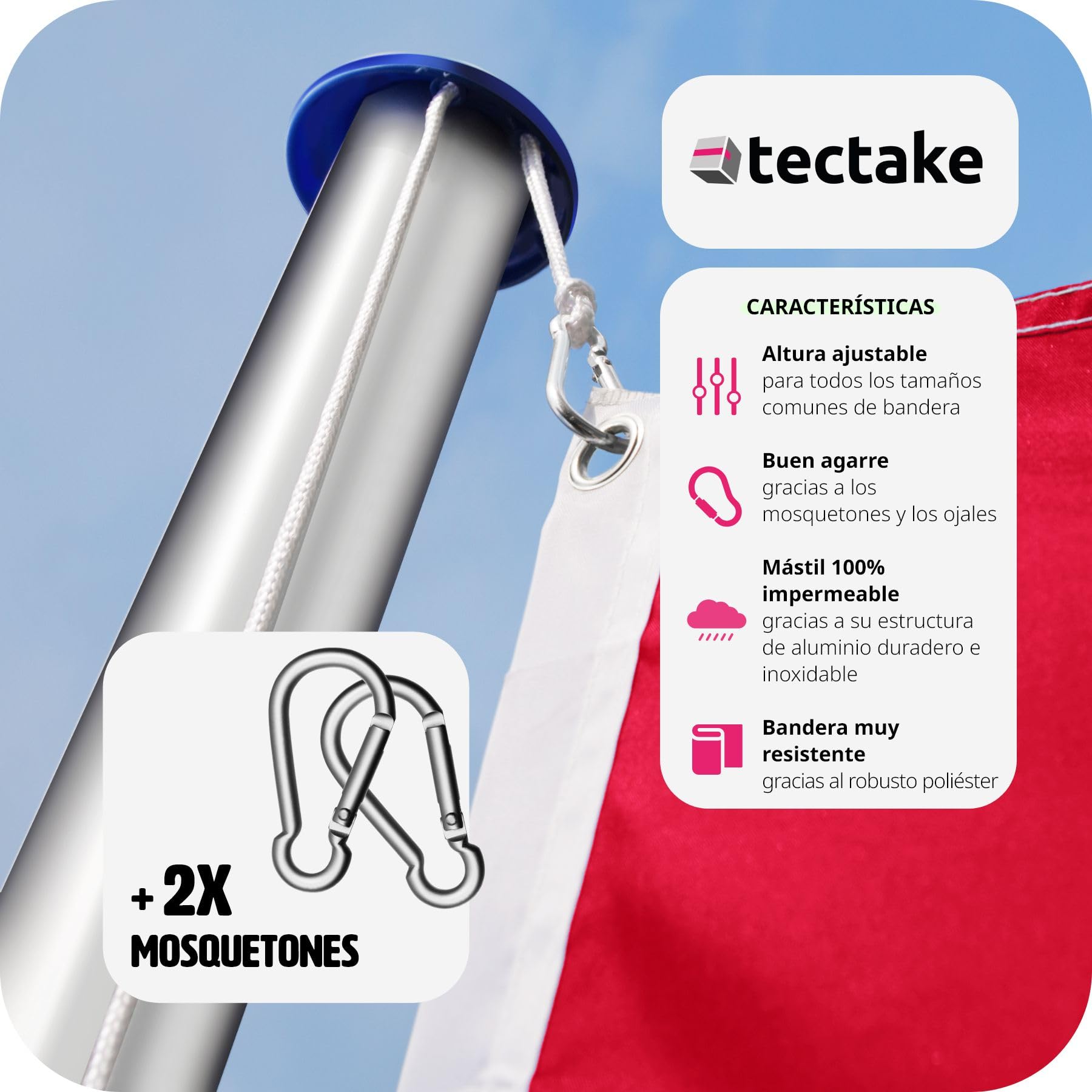 tectake® Mástil Bandera Altura Ajustable, Mástil Aluminio Altura Máx 6,25 m, Asta Bandera con Casquillo para Suelo, Mástil Bandera Exterior con Cuerda de Izado, Montaje Rápido, Incl. Bandera España