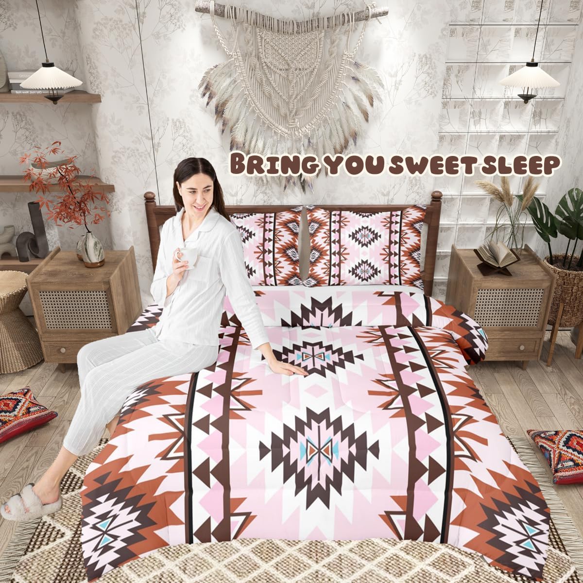 jejeloiu Boho Western Comforter Set Queen Size Bohemian Southwestern Bedding Set for Kids Boys Girls Aztec Decor Duvet Quilt Country Bedroom Farmhouse 3 Pcs with 2 Pillow Cases