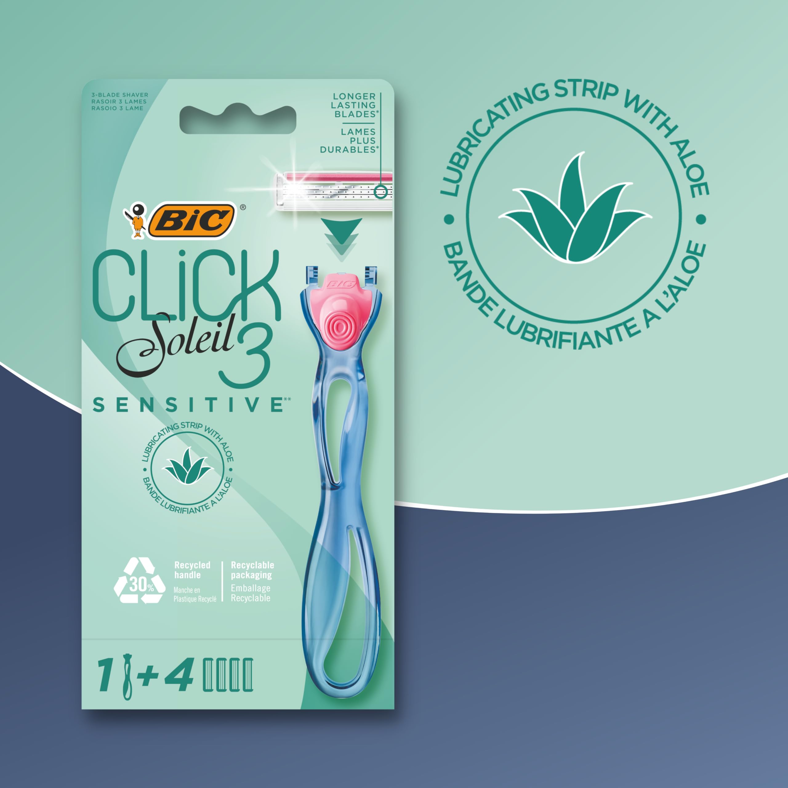 BIC Soleil Click 3 Sensitive Women's Razor with 4 Refills Triple-Blade Shaver with Extra-Gentle Lubricating Strip for Sensitive Skin Smooth Leg & Body Shaving Handle + Refills