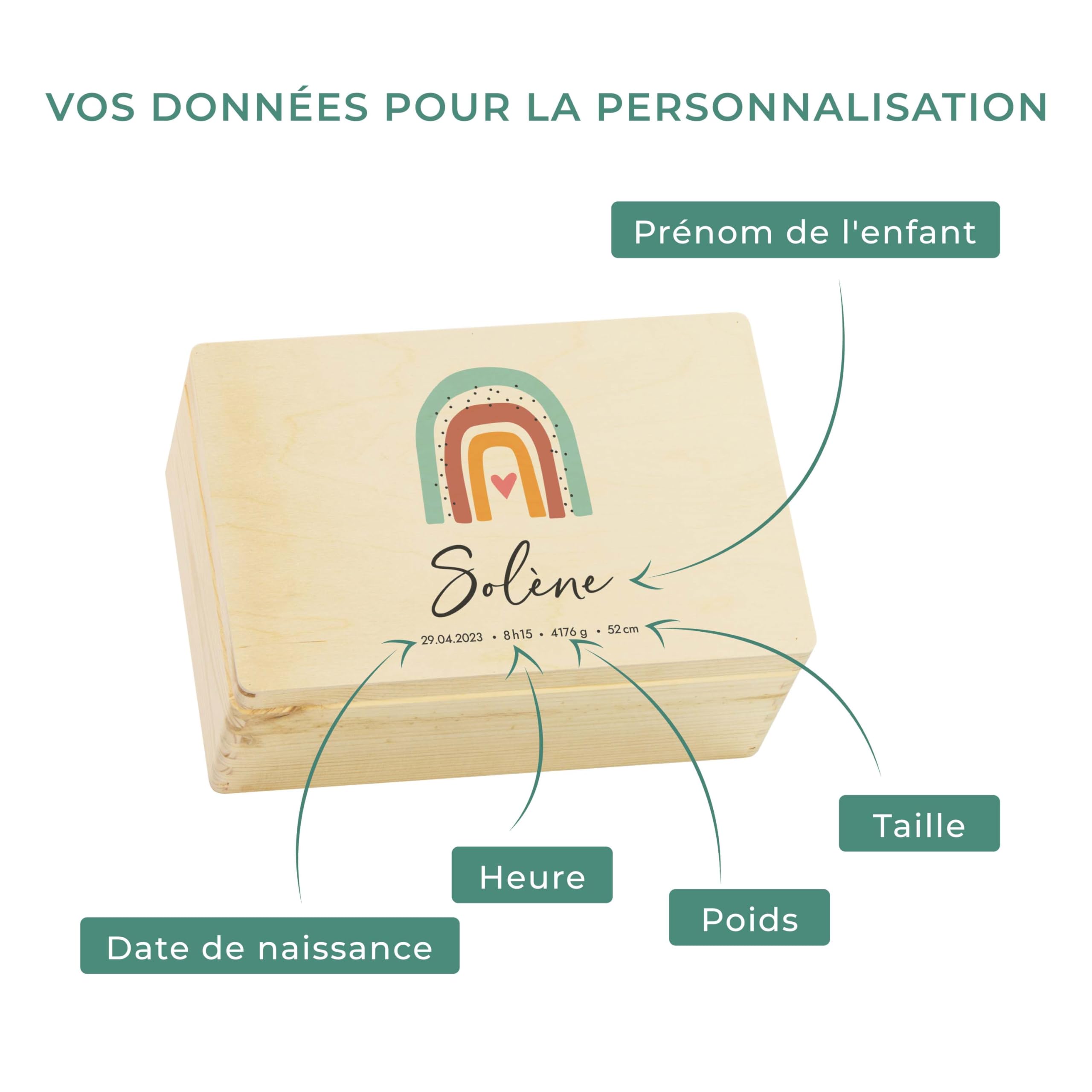 LAUBLUST Boîte à souvenirs bébé personnalisée - Cadeau de naissance avec prénom | Arc-en-Ciel, tailles S, M, L - Boîte à souvenirs pour filles & garçons | Boîte en bois naturel ou blanc, FSC®