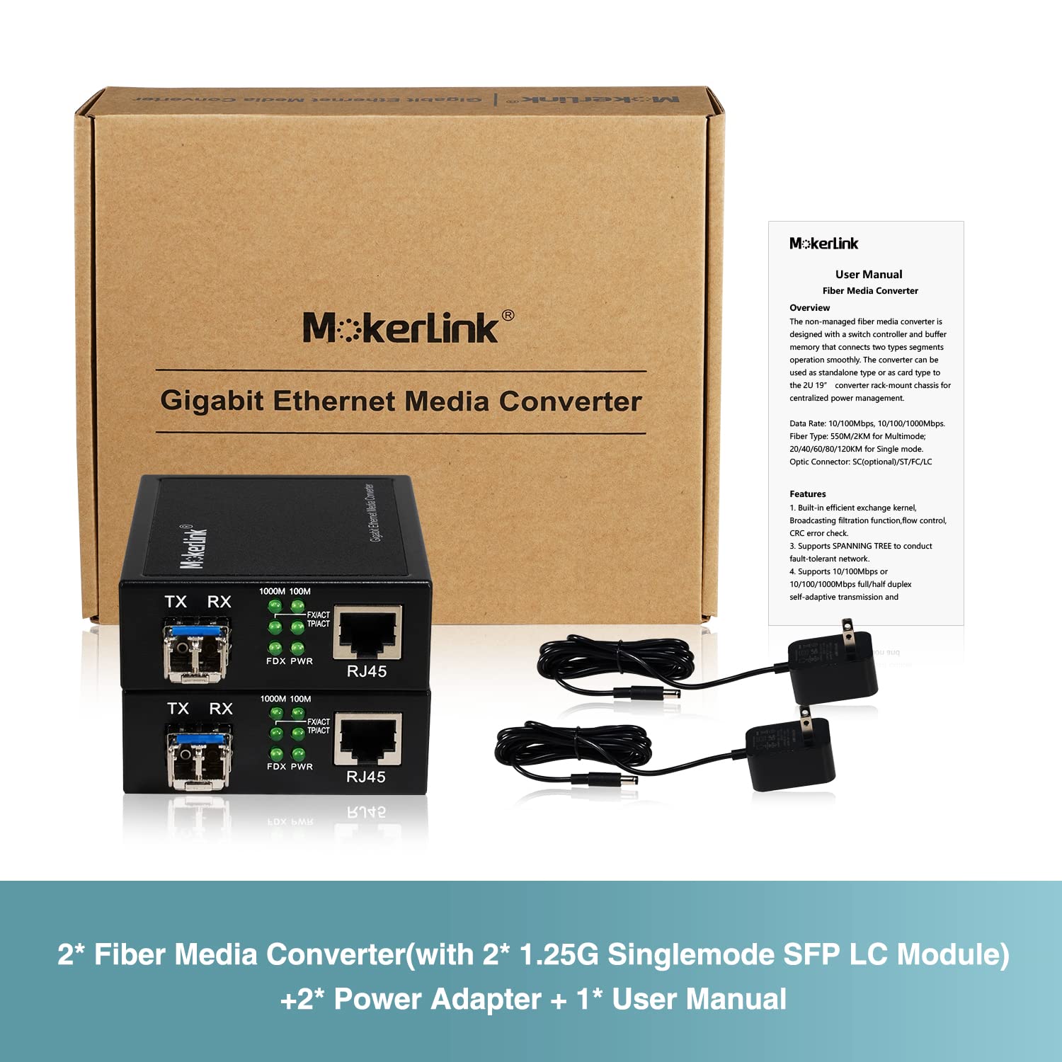MokerLink Lot de 2 convertisseurs Gigabit SFP vers RJ45, convertisseur de média fibre monomode vers Ethernet, port RJ45 10/100/1000 Mbps, module SFP 1000Base-LX 1310 nm jusqu'à 20 km