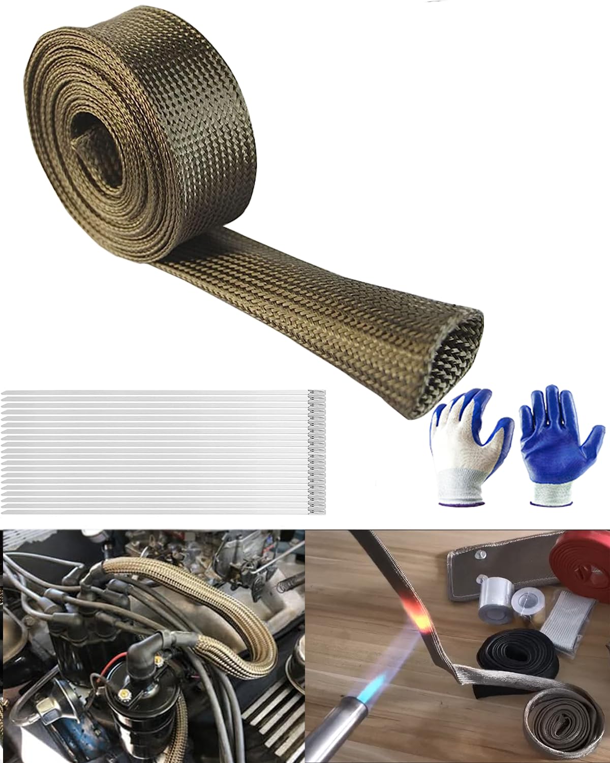 Amazon.com: Spark-Plug Wire Heat Shield Sleeve - 1ID X 10FT 2500°F  Fiberglass Heat Wrap Wire Shield Sleeve Cover Hose with 20 PCS 11.8 Inch  Stainless Steel Zip Ties for Car u0026 Auto
