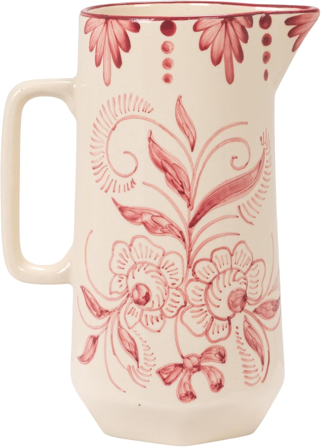 Creative Co-Op 60 oz Hand-Painted Stoneware Pitcher w/Botanical Design, Pink & White