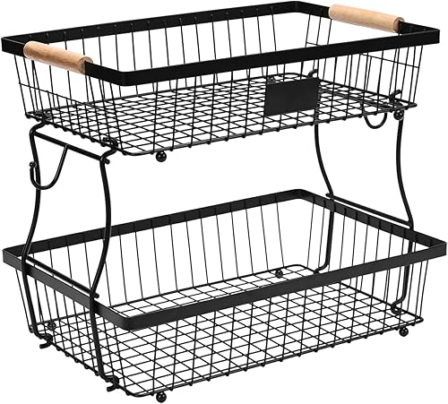 Cesta de frutas de 2 niveles desmontable con 2 ganchos para plátanos, soporte de frutas para encimera de cocina, organizador de almacenamiento de