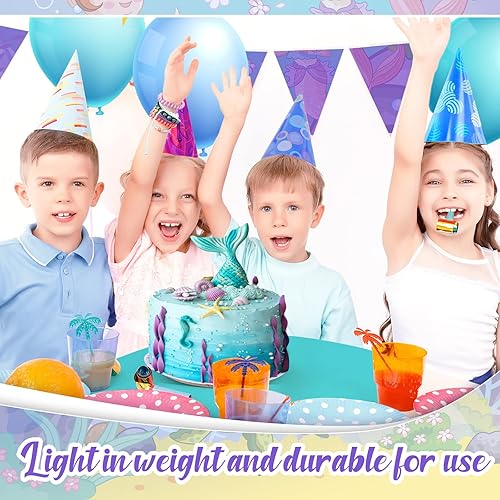Miniatura 5 de Amylove 12 manteles de sirena de princesa color azul y morado, desechables, fundas redondas de plástico de sirena para cumpleaños, baby shower,