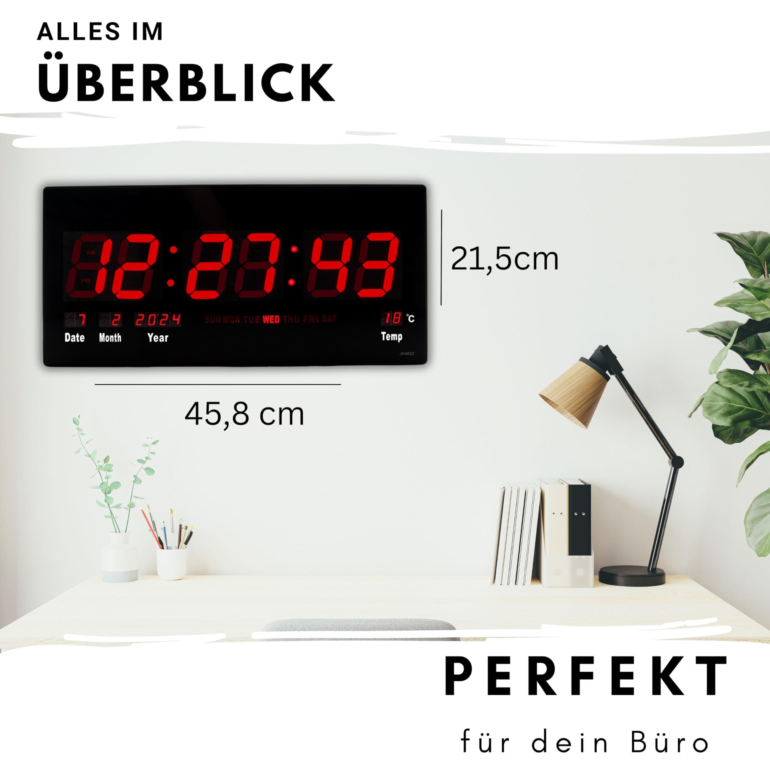 Wanduhr Digital Groß LED Uhr mit Kalender Temperaturanzeige Studiouhr für Gewerbe Cafes Kiosk Hallen Digitaluhr XXL (Rot)