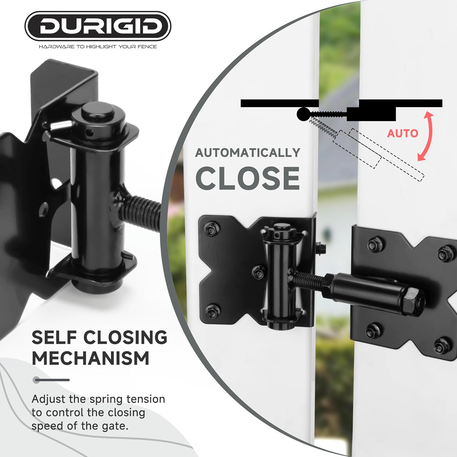 Self Closing Gate Hinges, Gate Hinge Heavy Duty, Shed Door Hinges for Vinyl/Wood Fence/Steal Gate, Self-Tapping Screws and Adjustment Tool, Black Finish, 4 Pack