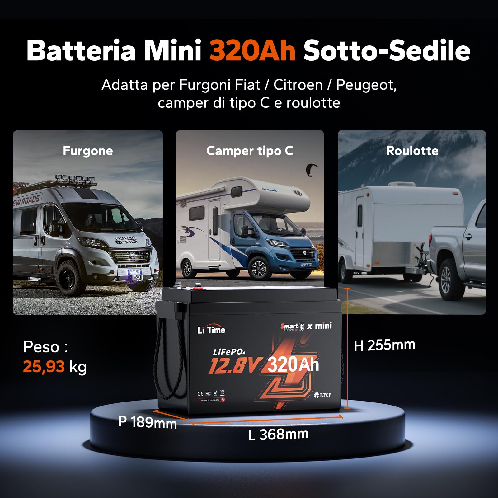 LiTime Batteria al Litio LiFePO4 12V 320Ah con Bluetooth per Camper, 4000-15000 Cicli Profondi, Energia 4096Wh, Perfetta per RV, Furgone Camperizzato, Impianti Solari, Barche, Motori Trolling