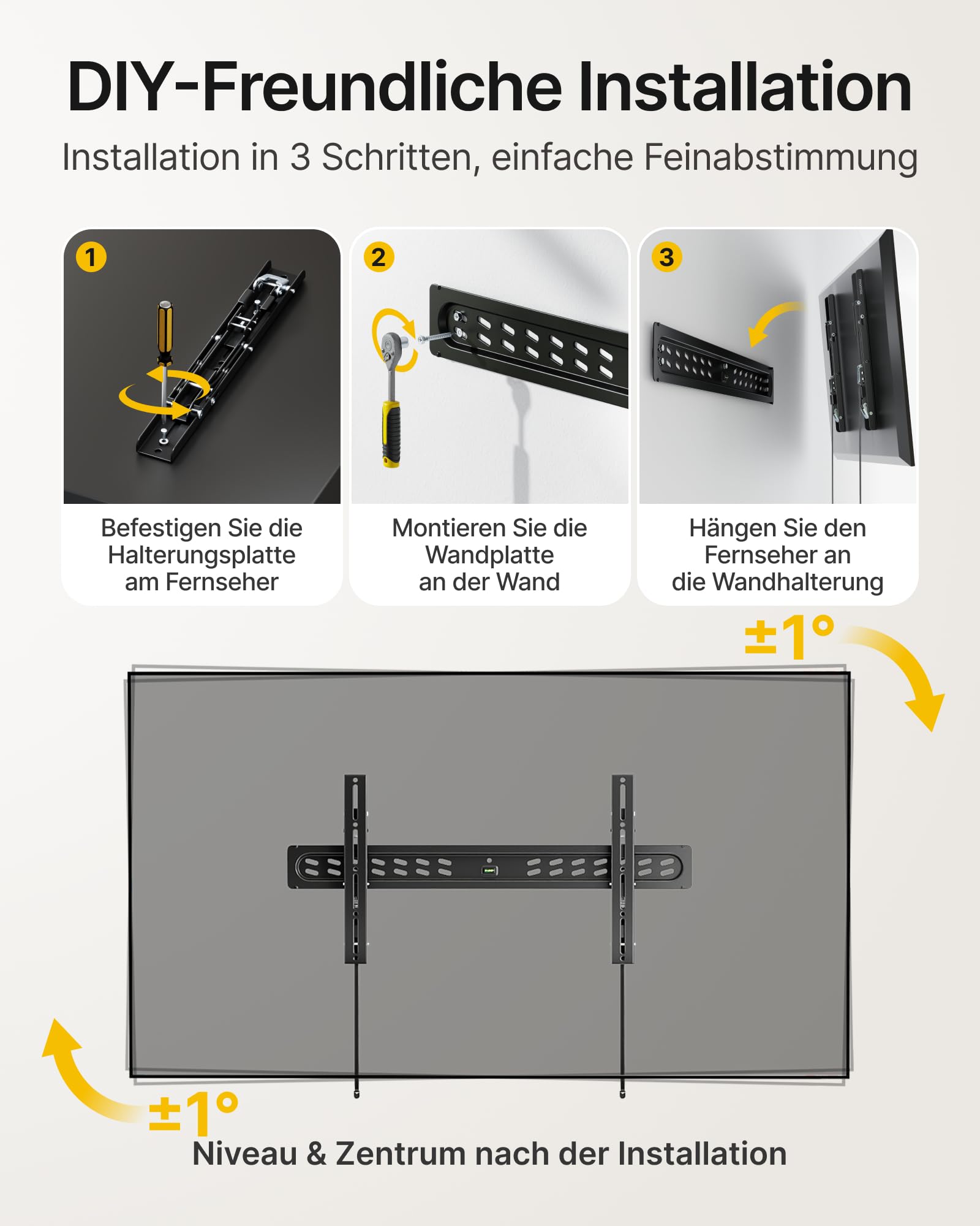 monTEK TV Wandhalterung Ultra Slim für 43–95 Zoll Fernseher | Neigbar, Schwerlast bis 68 kg, Mit Zugband, Max. VESA 800x400 mm, Einfach Anzubringen und Abzunehmen