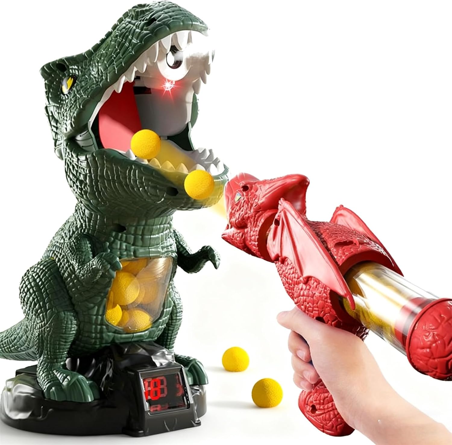 Chompshot Dinosaur, Dinosaur Shooting Game, Movable Target Game with 2 Air Pump Launchers, Foam Ball Blaster, LCD Score Record, Sound, 12/48 Foam Ball (Dinosaur-1blaster)