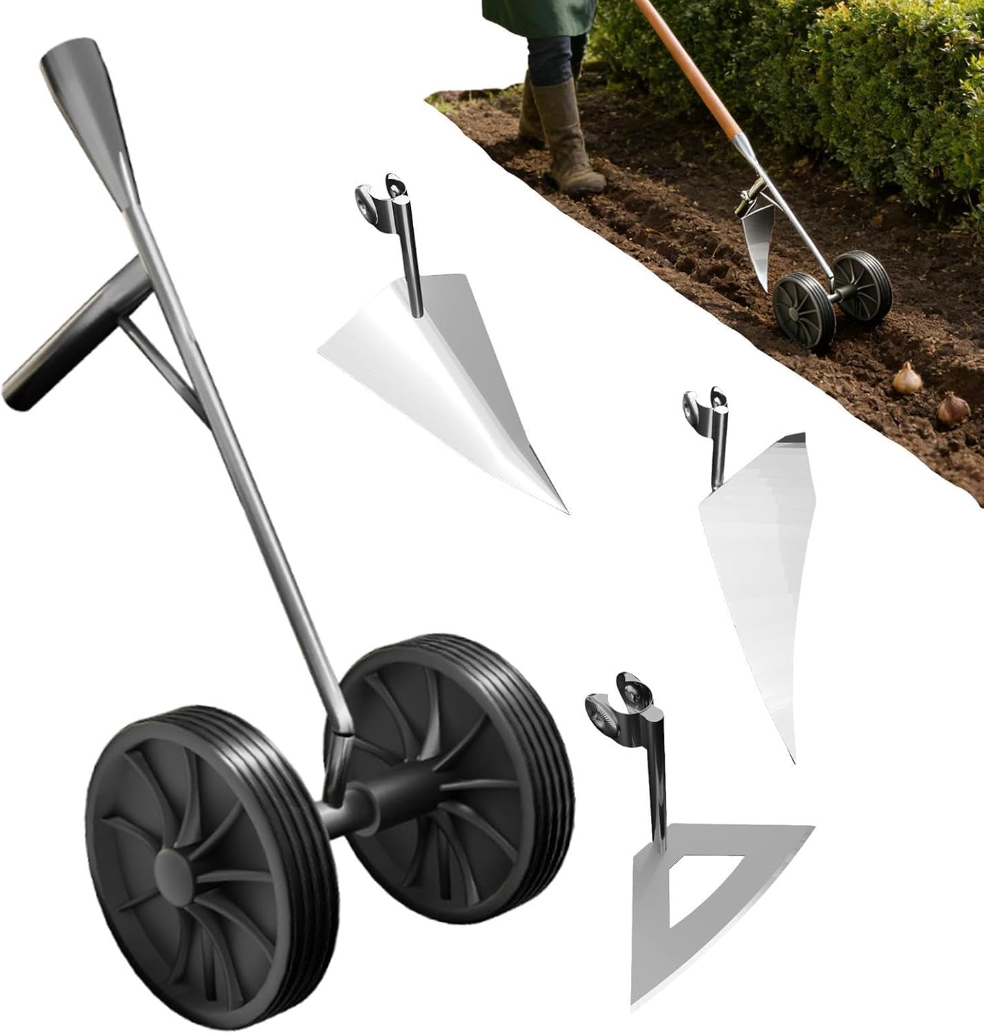Garden Plow Hoe Soil Aerating Tiller Tool with Double Wheels