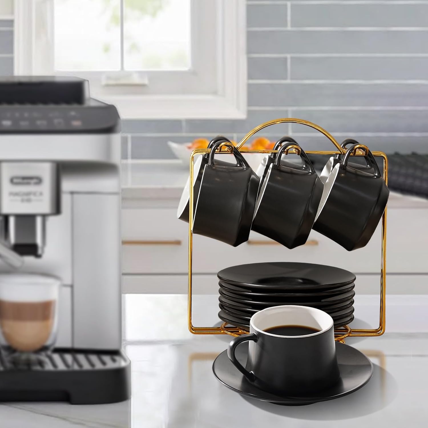 Lareina 7-Ounce Porcelain Cappuccino Cups Set of 6, Stackable Coffee Cups with Saucers, Spoons and Metal Stand-for Specialty Coffee Drinks, Cappuccino, Latte, Americano and Tea, Black