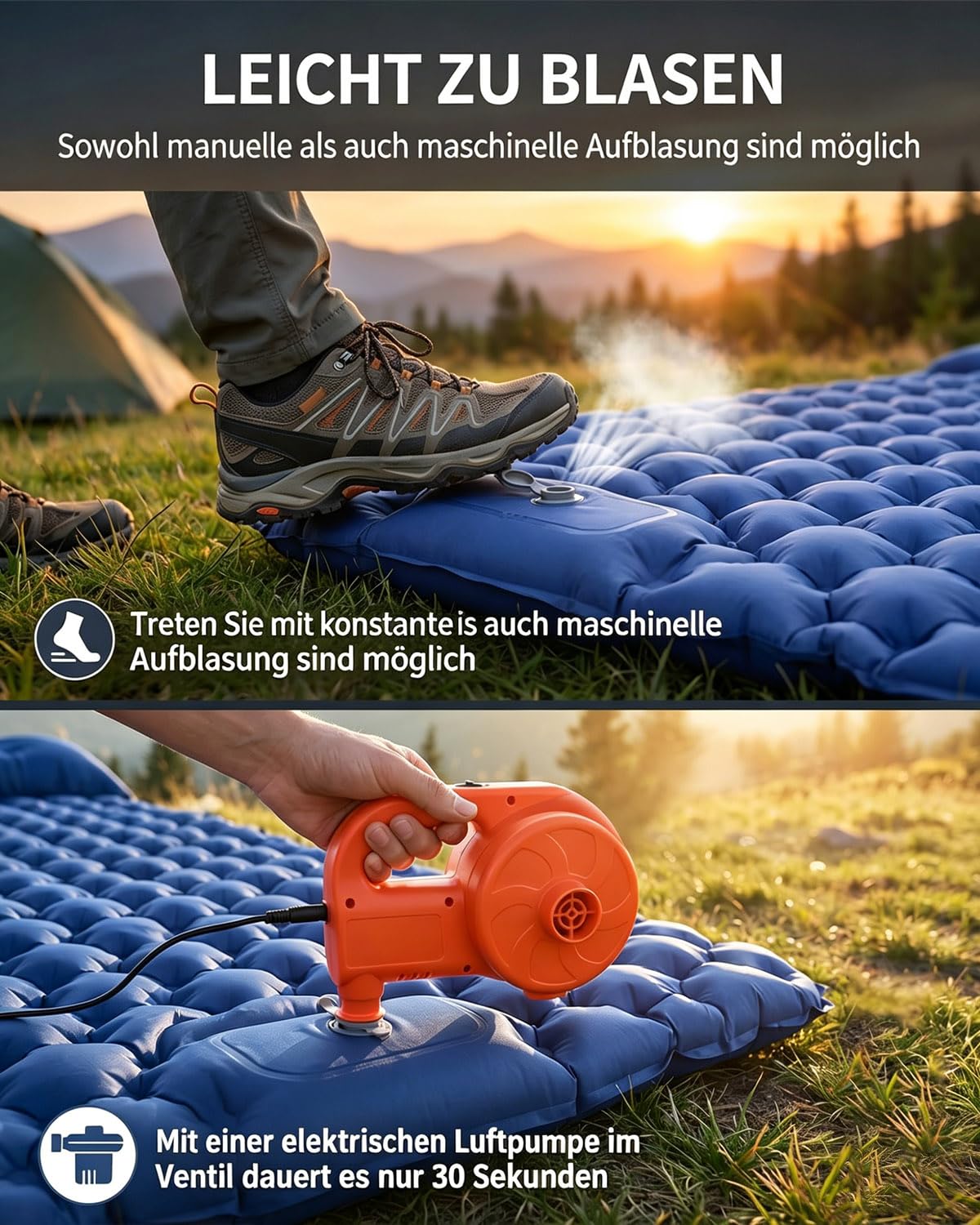 Isomatte Camping für 2 Personen, Verdicktes Aufblasbare Luftmatratze mit Fußpumpe & Kissen, 40D-Nylon Wasserdicht Camping Matratze Aufblasbar, für Reise, Outdoor, Kleines Packmaß, 200 x 125cm(Blau)