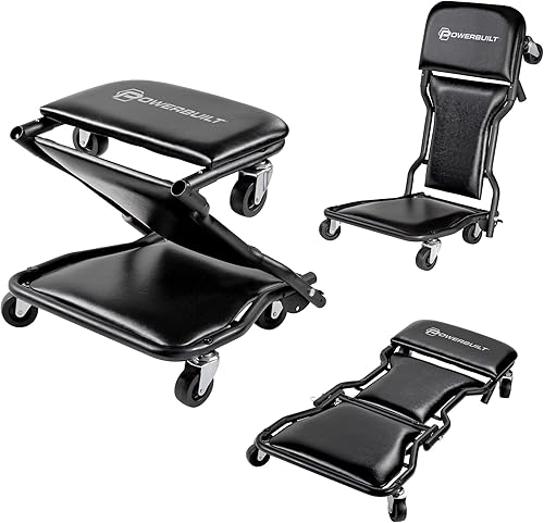 Powerbuilt Enredadera plegable triple de 42 pulgadas, asiento rodante y taburete de freno, silla de garaje con ruedas ajustable todo en uno,