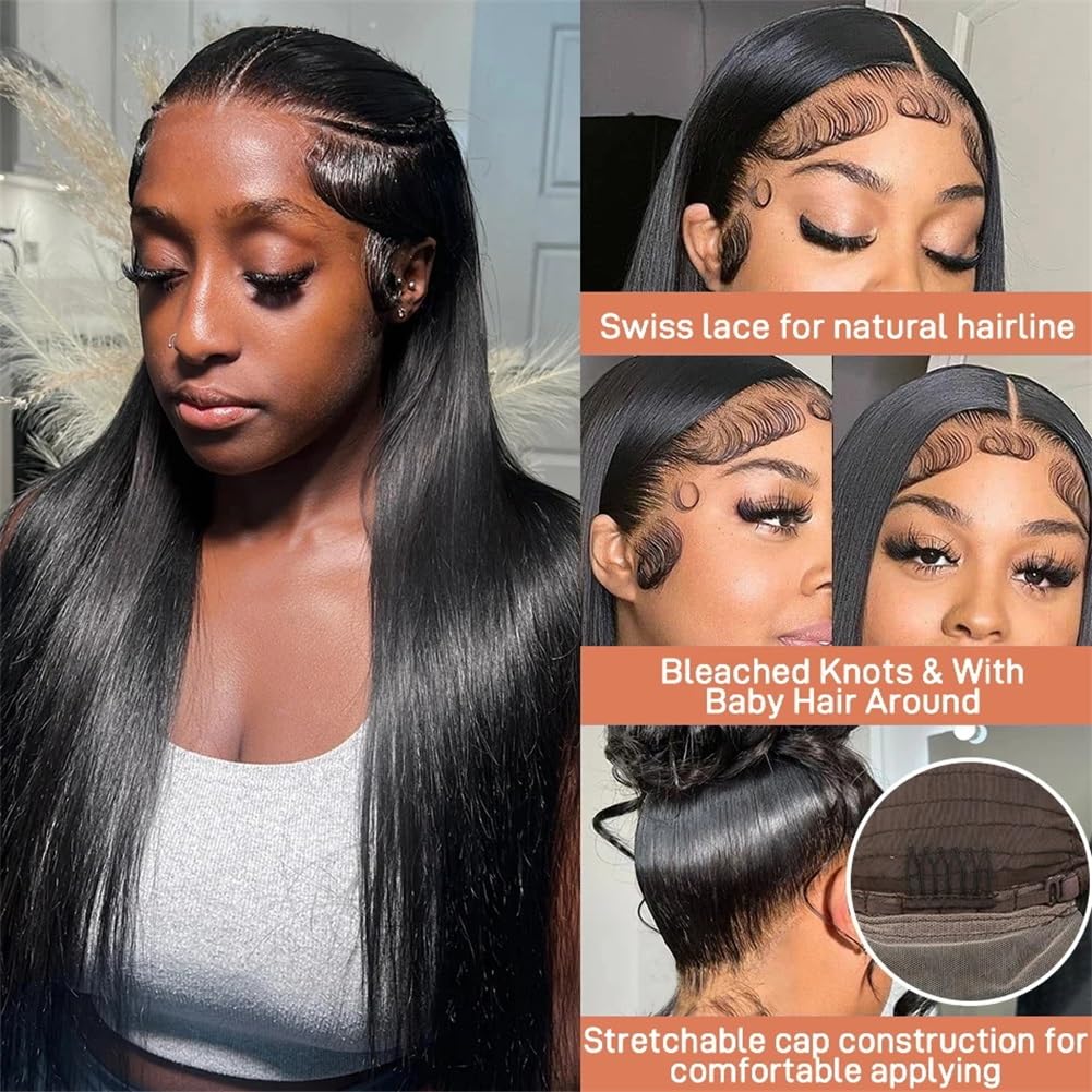 Bele 13x6 Straight Lace Front Wigs Human Hair 26 inch 180 Density Glueless Brazilian Straight HD Transparent Lace Front Wigs for Women Pre Plucked with Baby Hair Natural Color - Image 2