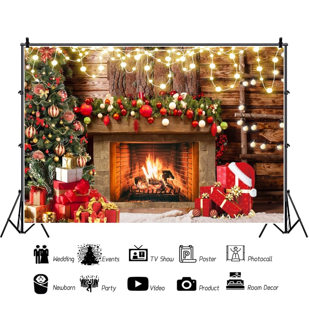 3x2,5m Sfondo per caminetto di Natale Felice anno nuovo sfondo fotografico Sfondo per la vigilia di Natale Alberi di Natale Sfondi regalo per la fotografia Decorazione per feste di famiglia