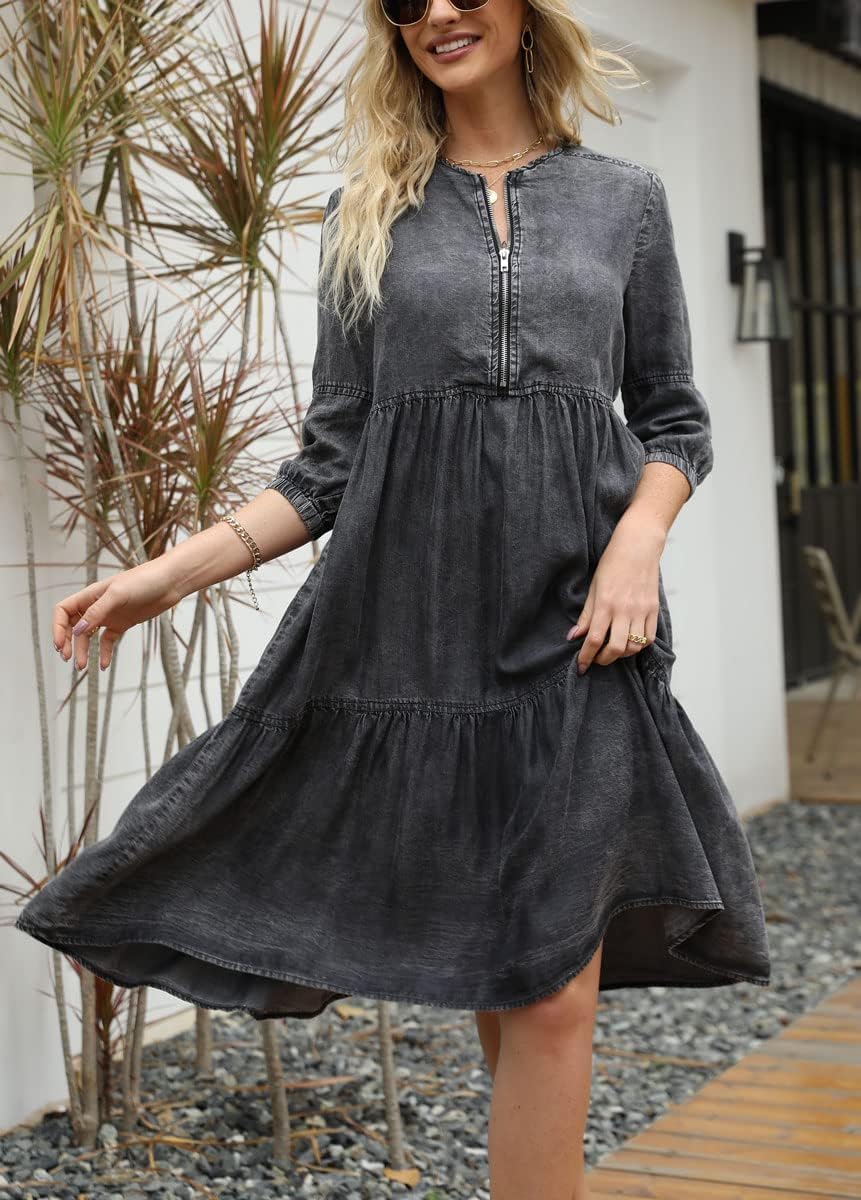 Women's Washed Crewneck Half-Zip Closure 3/4 Sleeve Soft Babydoll Denim Midi Dress - Image 3