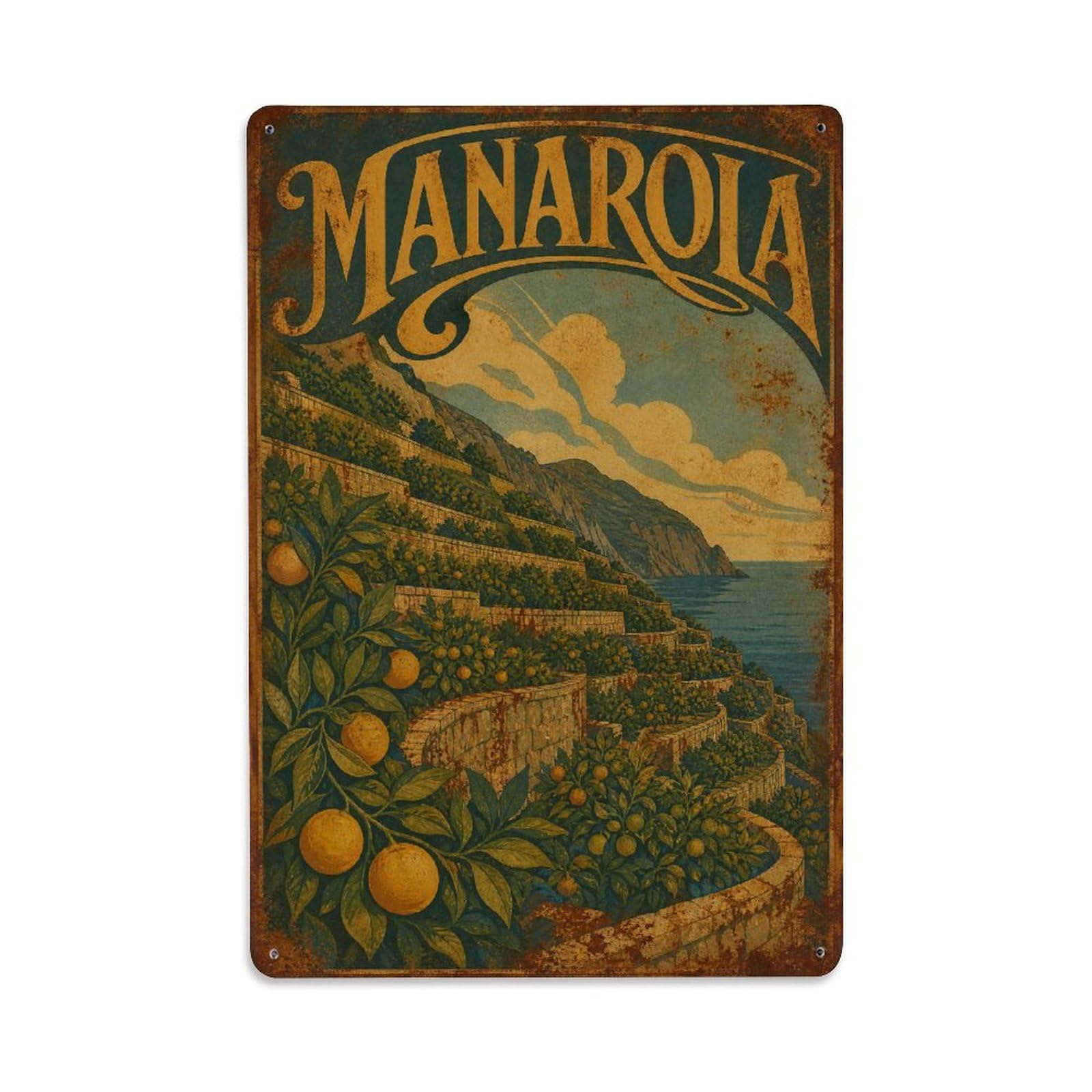 Huiyhb 8X12inch(20X30cm) Vintage Travel Manarola Citrus Groves Terraces Italy Metal Tin Sign