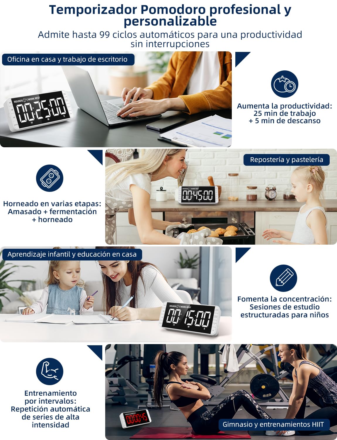 Temporizador Cocina: 99h 59min 59sec, Cuenta reg./Prog., Recargable, Digital con intervalos, LED 7.8'' Grande, 3 Brillos, 5 alarmas, 4 volúmenes, magnético para aulas (Blanco)
